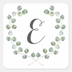 Aquarell-Eukalyptusblatt-Rahmen Monogramm Quadratischer Aufkleber