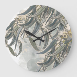 Aquarell-Eukalyptusblätter Grünpflanzen Große Wanduhr