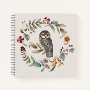 Aquarell-Eule-Blumenkranz Notizbuch