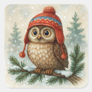 Aquarell-Eule in einer Wintermütze Quadratischer Aufkleber