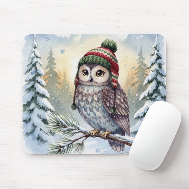 Aquarell-Eule mit Winterhut Mousepad (Mit Mouse)