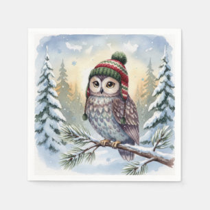 Aquarell-Eule mit Winterhut Serviette