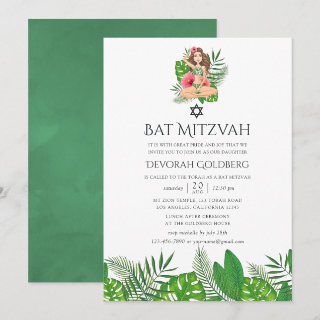Aquarell Exotic Aloha Luau Bat Mitzvah Einladung (Vorne/Hinten)