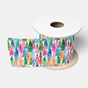 Aquarell-Farbenfroher-Regenbogen-Weihnachtsbäume Satinband