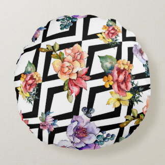Aquarell farbenfrohes Blumenbouquet. Florale Botan Rundes Kissen