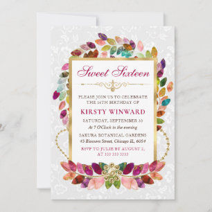 Aquarell Farbige Blätter & Goldfolie Sweet 16 Einladung