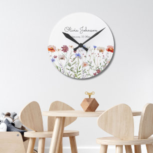 Aquarell Farbige Wildblumen Baby Geburt Andenken Runde Wanduhr