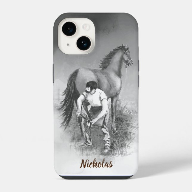 Aquarell Farrier Reitsport Individuelle Name iPhone Hülle (Rückseite)