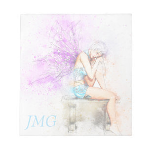 Aquarell-Fee in Blau mit Monogramm Notizblock