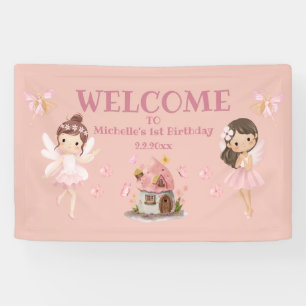 Aquarell-Feien und rosa Haus zum 1. Geburtstag Banner