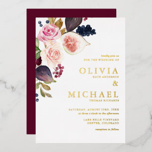Aquarell-Feigen und Herbstblüten Florale Hochzeit Folieneinladung