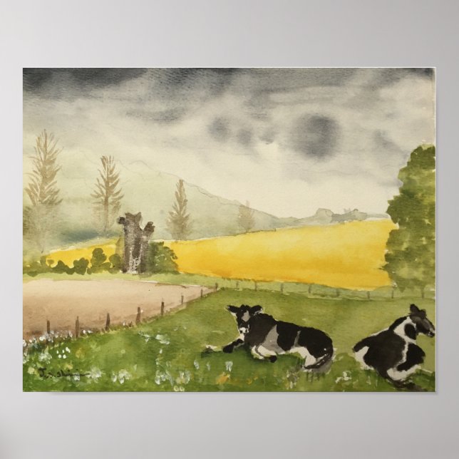 Aquarell - Felder und Kühe im englischen Landschaf Poster (Vorne)
