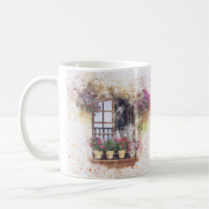 Aquarell-Fenstergarten Bunte Blumen Kaffeetasse
