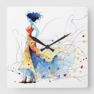 Aquarell Flamenco-Tänzerin – Freude in Bewegung #2 Quadratische Wanduhr