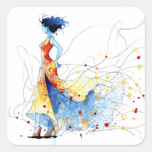 Aquarell Flamenco-Tänzerin – Freude in Bewegung #2 Quadratischer Aufkleber