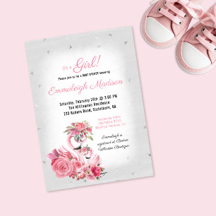 Aquarell-Flamingo-Ballerina-Silber-Baby-Shower Einladung