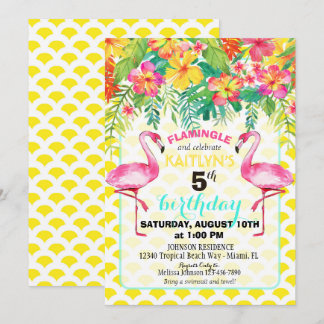Aquarell-Flamingo und tropischer Blumengeburtstag Einladung