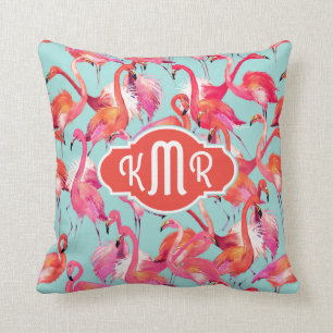 Aquarell-Flamingos erfassten   Monogramm Kissen