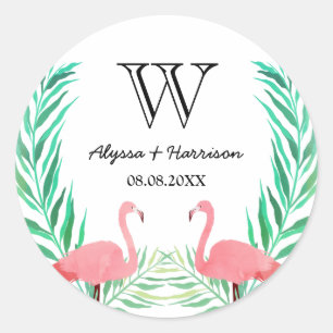 Aquarell-Flamingos Palmenblätter Hochzeitsmonogram Runder Aufkleber
