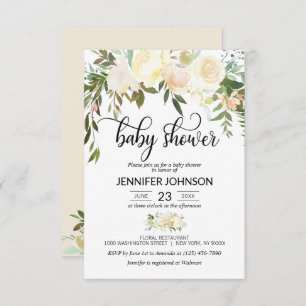 Aquarell Flora Pink Cream Ivory Baby Dusche Einladung