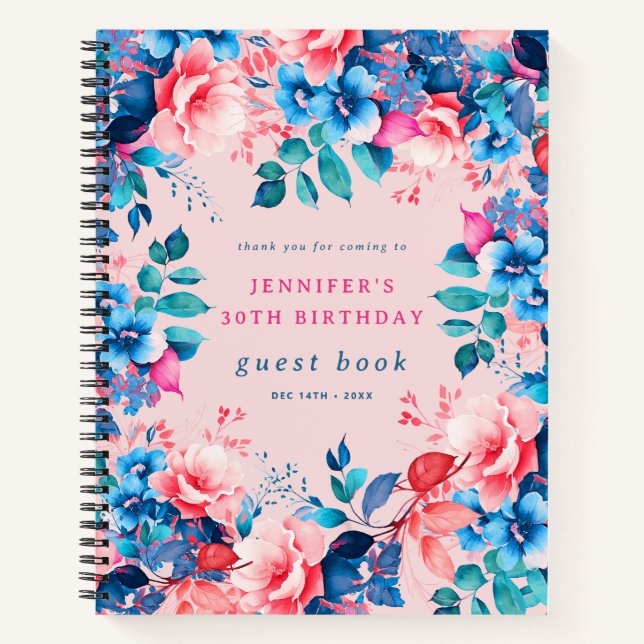 Aquarell Floral 30. Geburtstag Gästebuch Blush Notizbuch (Vorderseite)