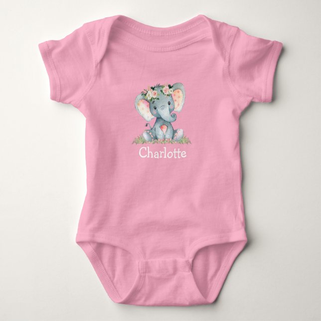 Aquarell Floral Baby Elephant Baby Pink White Baby Strampler (Vorderseite)