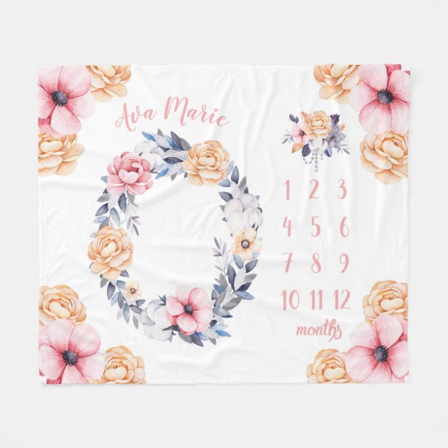 Aquarell Floral Baby Milestone Fleecedecke (Vorderseite (Horizontal))