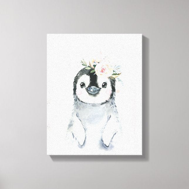 Aquarell Floral Baby Pinguin Snowy Animes Leinwanddruck (Vorderseite)