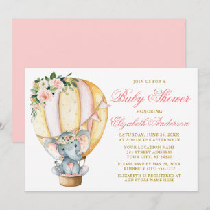 Aquarell Floral Ballon Elephant Baby Dusche Einladung