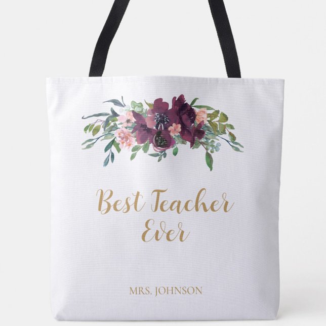 Aquarell Floral Bester Lehrer je (Watercolor Floral Best Teacher Ever Personalized Tote Bag - a classic gift for your child's teacher)