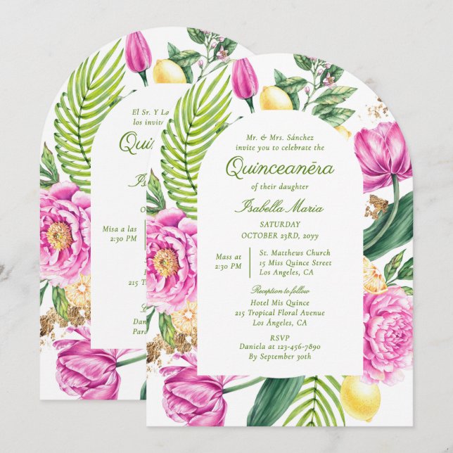 Aquarell Floral Bilingual Spanish Quinceñera Einladung (Vorne/Hinten)