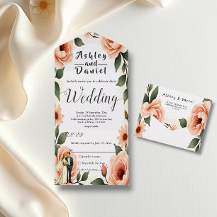 Aquarell Floral Blush Rosa Braut & Bräutigam Hochz All In One Einladung