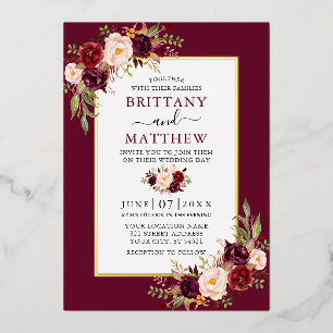 Aquarell Floral Burgund Hochzeit Goldfolie Folieneinladung
