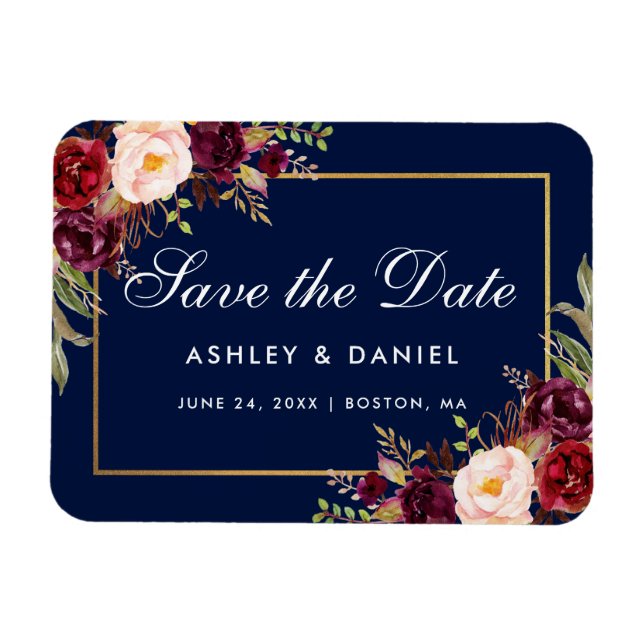 Aquarell Floral Burgundy Blau Save the Date Magnet (Horizontal)