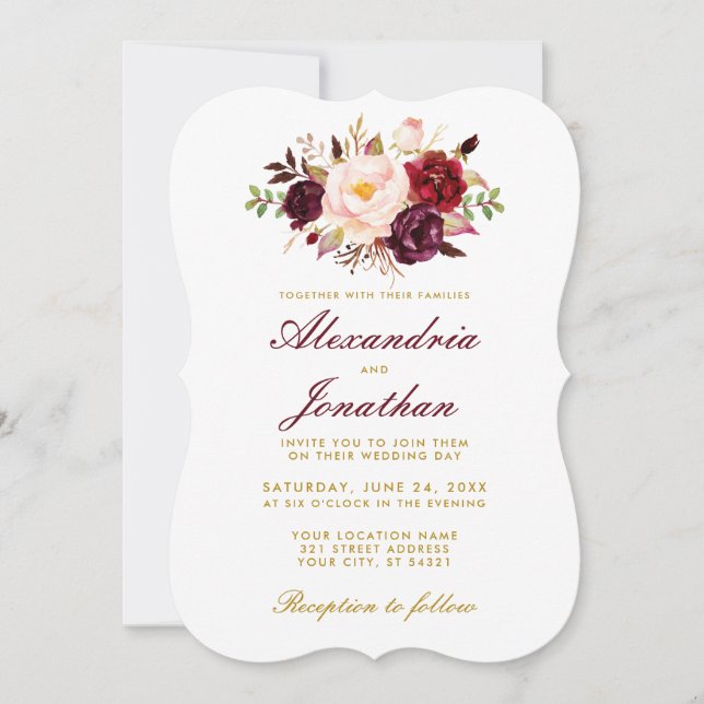 Aquarell Floral Burgundy Gold Wedding BR Einladung (Vorderseite)