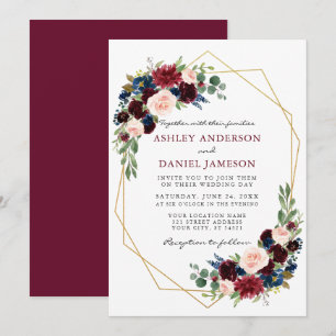 Aquarell Floral Burgundy Wedding Geometric Gold Einladung
