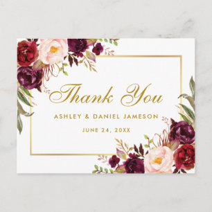 Aquarell Floral Burgundy Wedding Gold Vielen Dank Postkarte