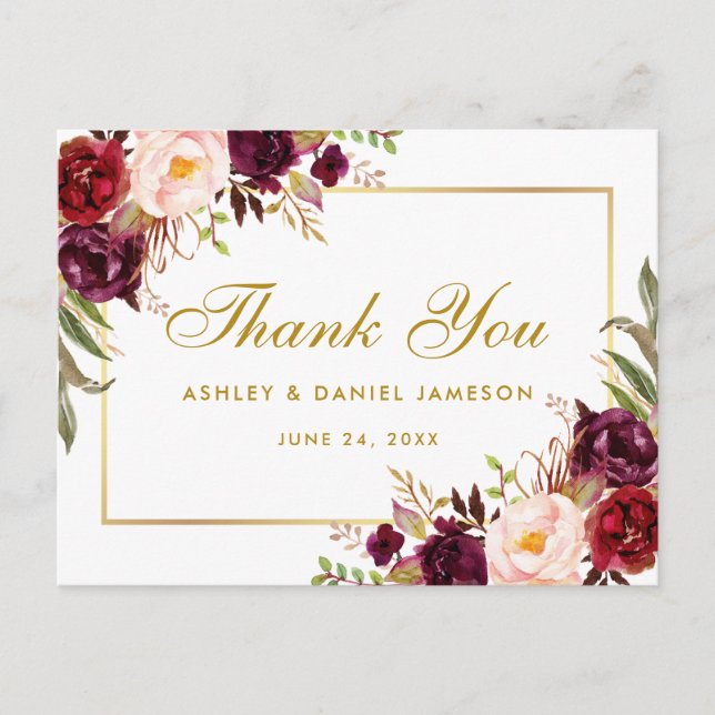 Aquarell Floral Burgundy Wedding Gold Vielen Dank Postkarte (Vorderseite)