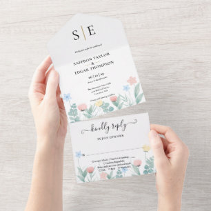 Aquarell Floral Chic Monogramm Hochzeit All In One Einladung