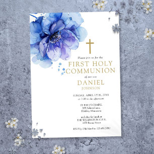 Aquarell Floral Dusty Blauer Erste Heilige Kommune Einladung