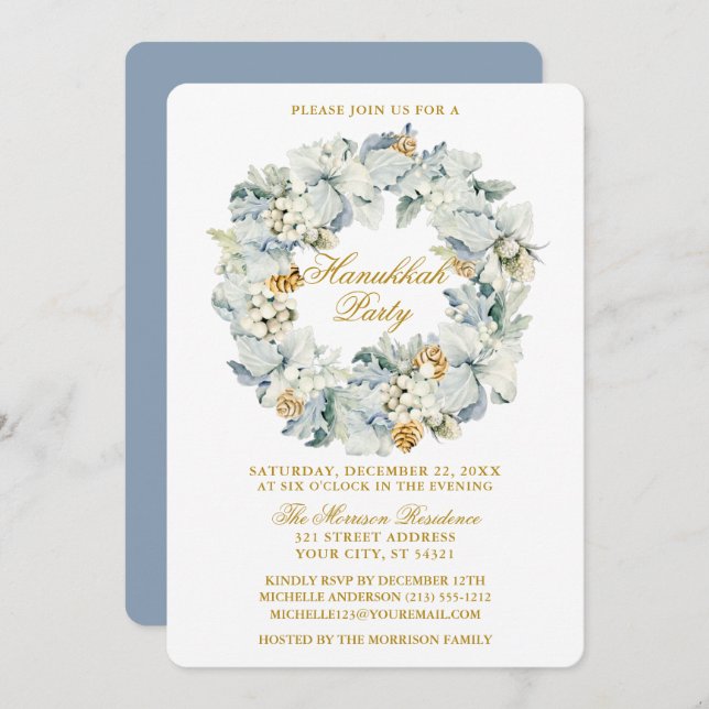 Aquarell Floral Dusty Blue Hanukkah Party Gold Einladung (Vorne/Hinten)