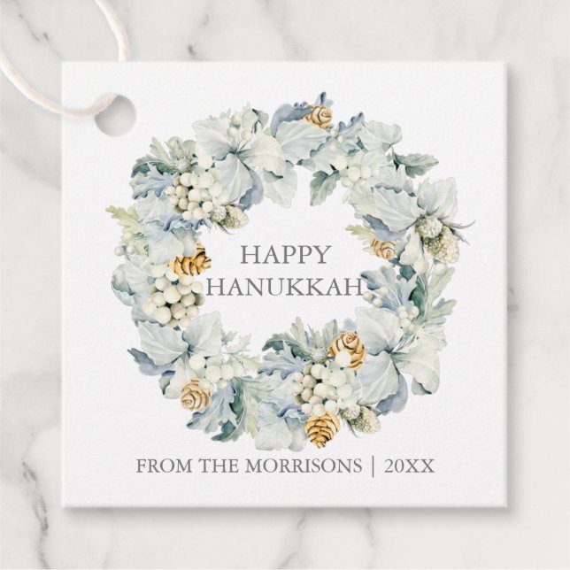 Aquarell Floral Dusty Blue Silver Hanukkah Geschen Geschenkanhänger (Vorderseite)