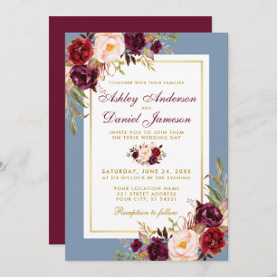 Aquarell Floral Dusty Blue Wedding Burgundy Einladung
