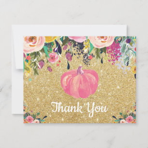 Aquarell Floral Fall Pumpkin Pink Gold Glitzer Dankeskarte