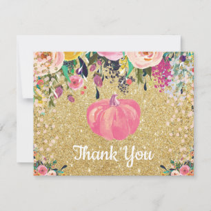 Aquarell Floral Fall Pumpkin Pink Gold Glitzer Dankeskarte