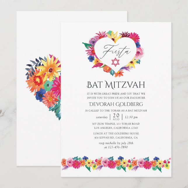 Aquarell Floral Fiesta Bat Mitzvah Einladung (Vorne/Hinten)