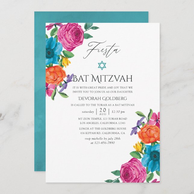 Aquarell Floral Fiesta Bat Mitzvah Einladung (Vorne/Hinten)