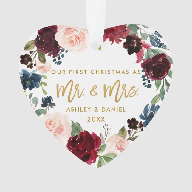 Aquarell Floral Gold Script Erstes Weihnachtsfest Ornament (Vorderseite)