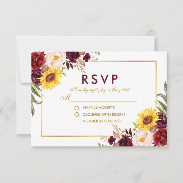 Aquarell Floral Gold Wedding Burgundy RSVP Karte (Vorderseite)