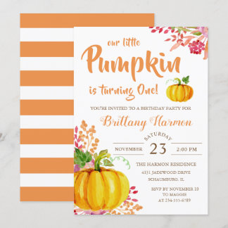 Aquarell Floral Kleine Pumpkin Girl Geburtstag Einladung